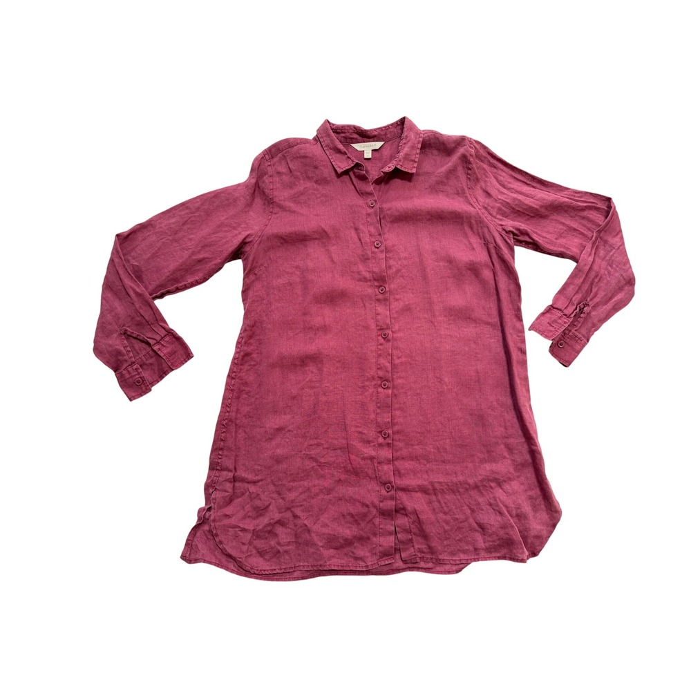 Garnet Hill Linen Tunic Women Size M Berry Pink European Flax Button Up Shirt